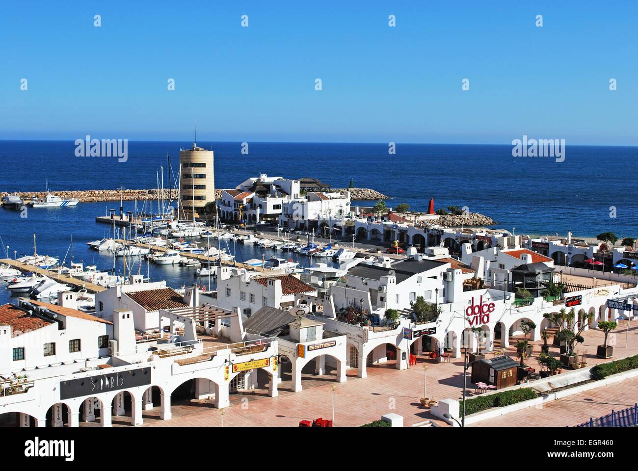 View of the harbour and watchtower, Roquetas de Mar, Almeria Province, Andalusia, Spain, Western Europe. Stock Photo