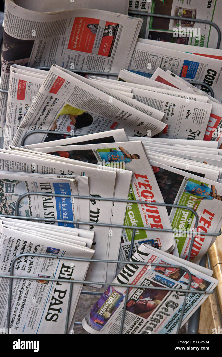 Various European newspapers on sale at newsagents, Malta Stock Photo