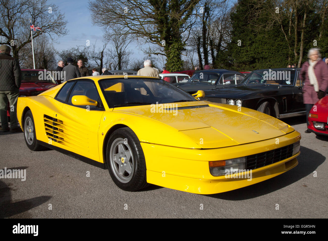 Wrightington, Lancashire, UK.  1st March, 2014.   Yellow Ferrari Testarossa (Type F110)  at the Inaugural Car Club Meet in Wrightington. Stock Photo