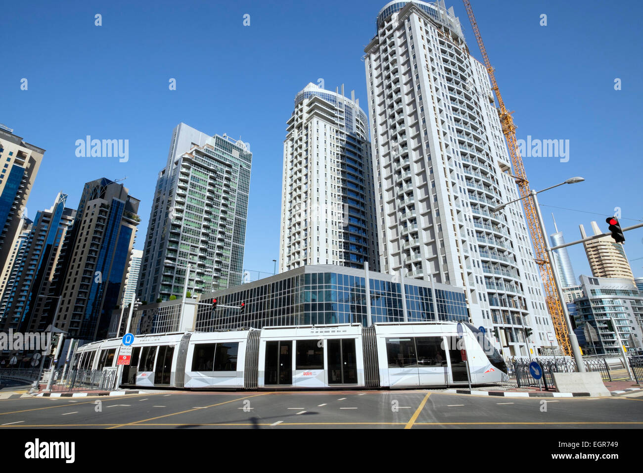 New Dubai tram in Marina district of New Dubai in United Arab Emirates Stock Photo