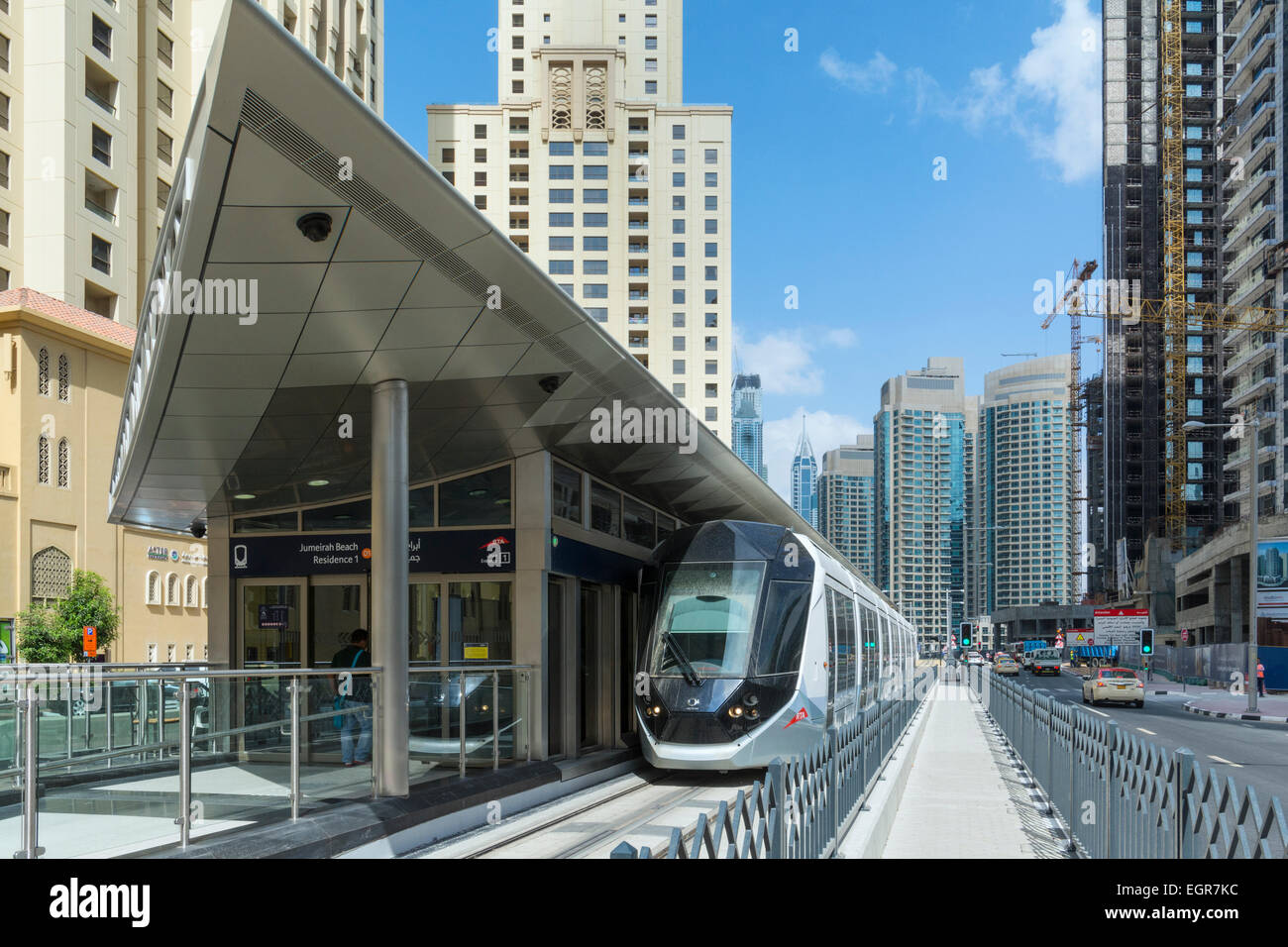 New Dubai tram at station in Marina district of New Dubai in United Arab Emirates Stock Photo