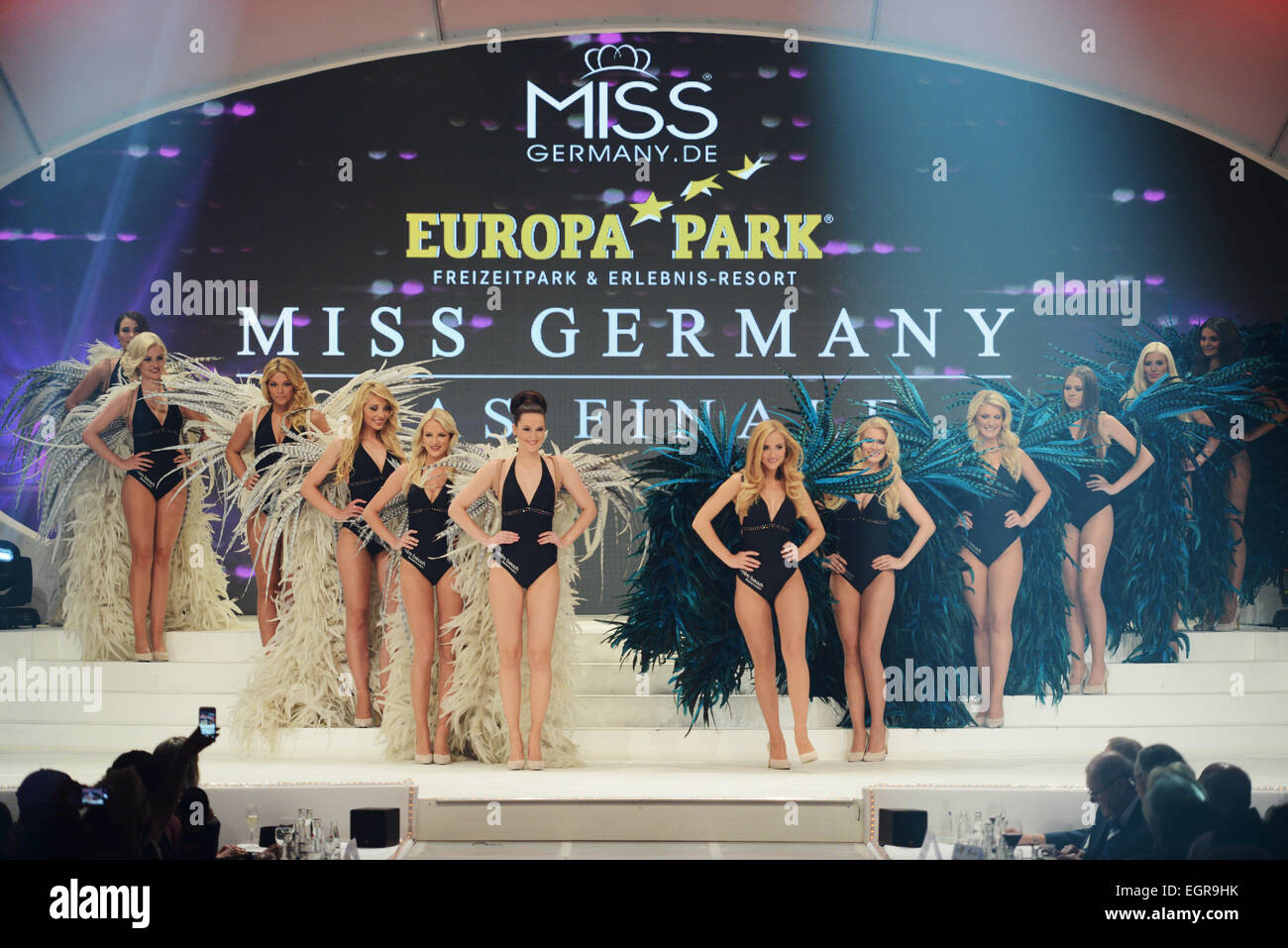 Rust, Germany. 28th Feb, 2015. The contestants for the Miss Germany 2015 beauty contest pose on stage at the leisure park and entertainment venue 'Europa-Park' in Rust, Germany, 28 February 2015. Photo: Patrick Seeger/dpa/Alamy Live News Stock Photo