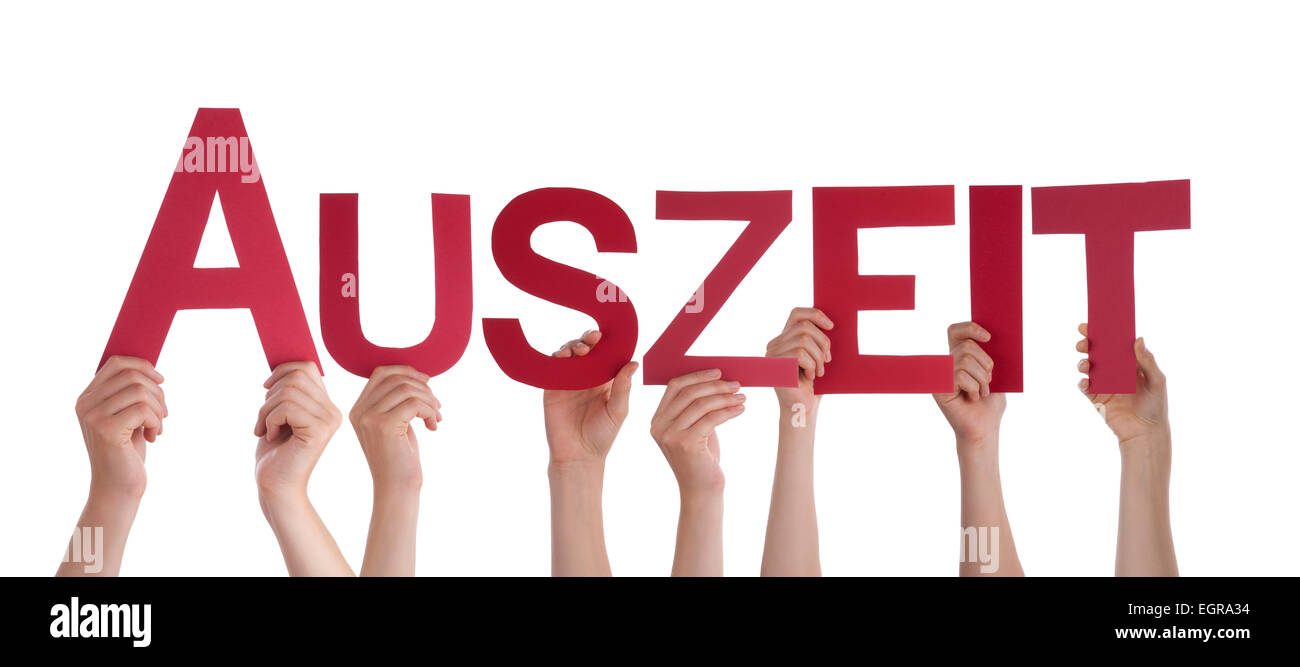 Many Caucasian People And Hands Holding Red Straight Letters Or Characters Building The Isolated German Word Auszeit Which Means Stock Photo