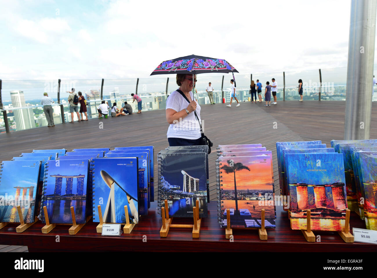 Souvenirs For Sale on the viewing platform of the Marine Bay Sands Hotel in Singapore. Stock Photo