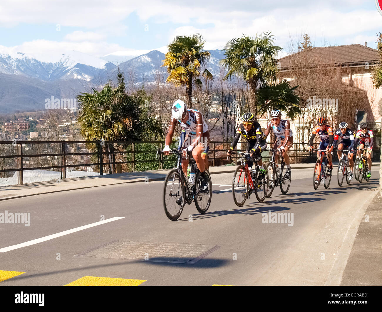 Lugano, Switzerland - March 01, 2015: Cycling race "Grand Prix of Lugano in 2015," This is the 69th edition and takes place along the streets of the city on the banks of Lake Lugano. A beautiful sunny day accompanies the exhibition. Credit:  Mauro Piccardi/Alamy Live News Stock Photo