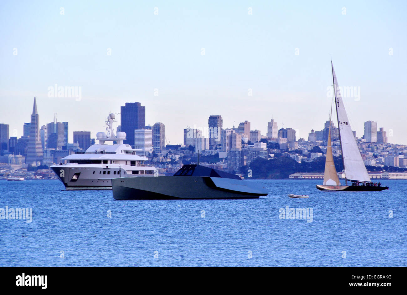 two mega yachts anchor off Sausalito in San Francisco Bay Stock Photo