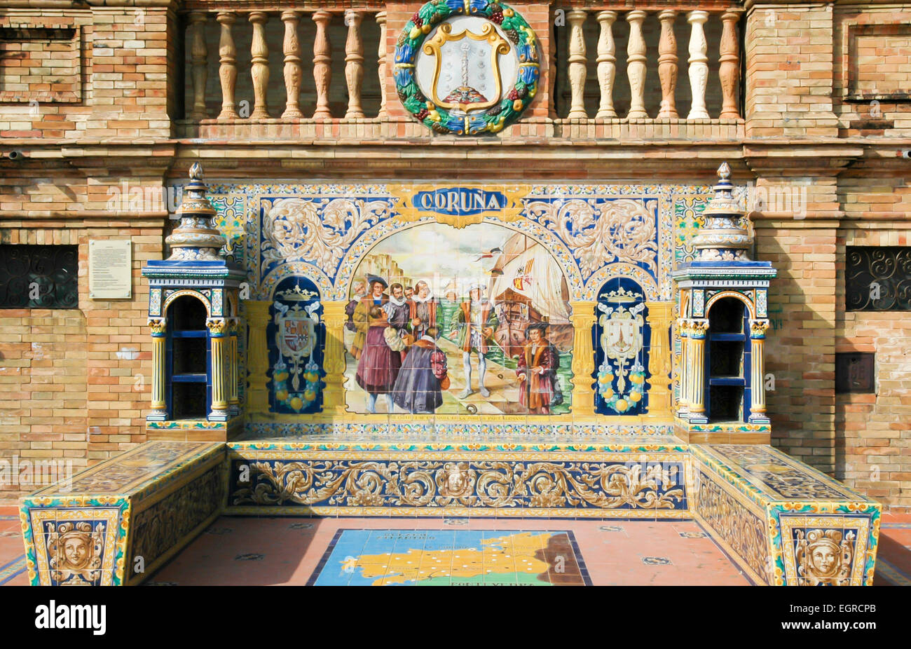 Tiled La Coruna Alcove of the Provinces, Plaza de España, Seville, Spain, Espana Stock Photo