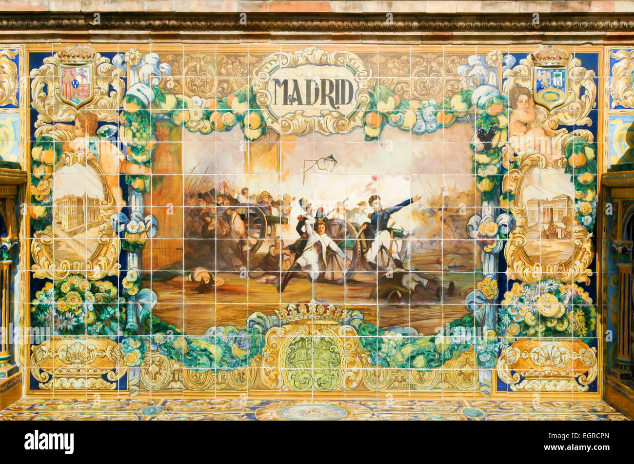 Tiled Madrid Alcove of the Provinces, Plaza de España, Seville, Spain, Espana Stock Photo