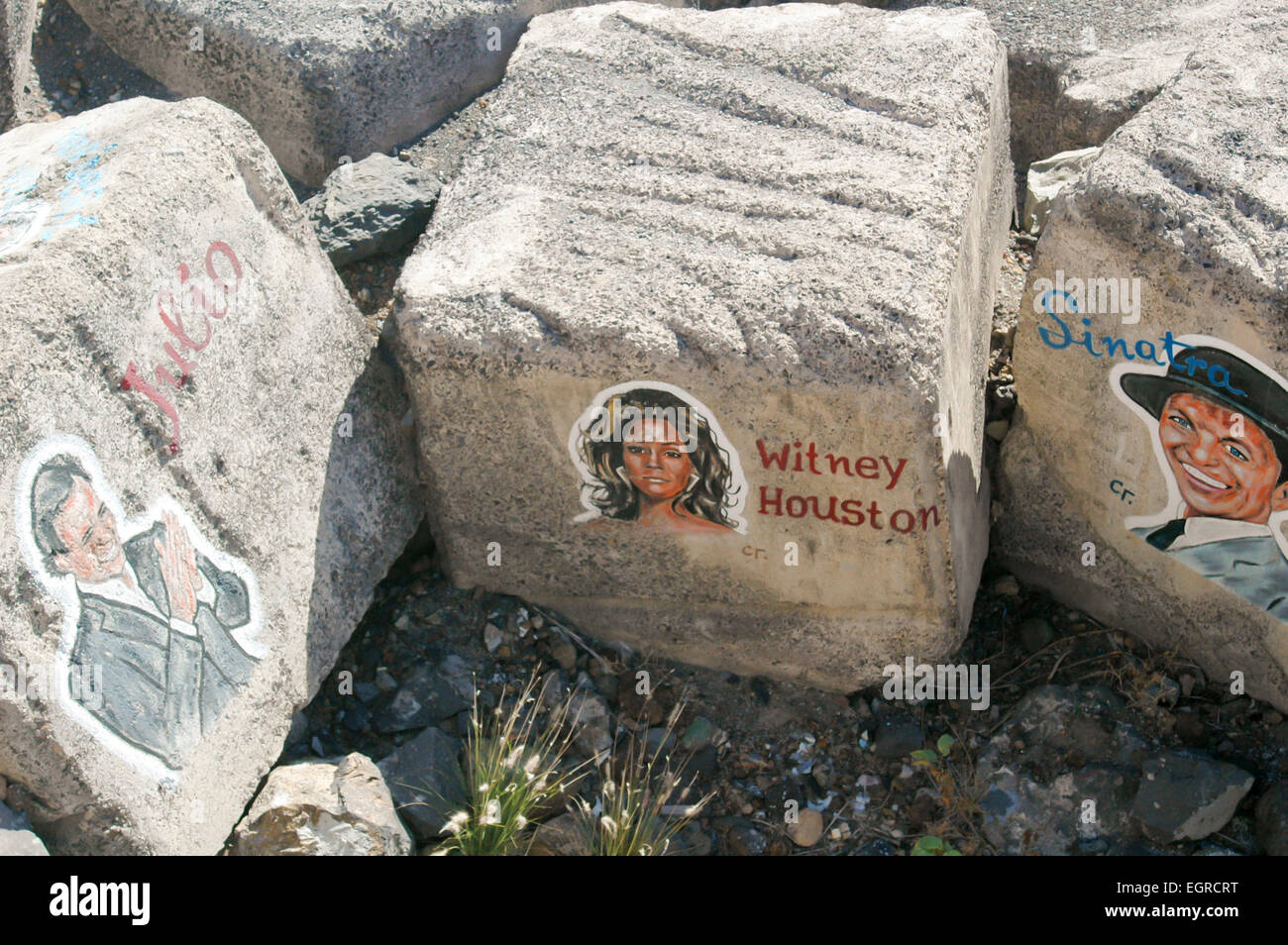Famous musicians' faces painted on rocks at the beach, Santa Cruz de Tenerife, Canary Islands, Spain, Europe Stock Photo