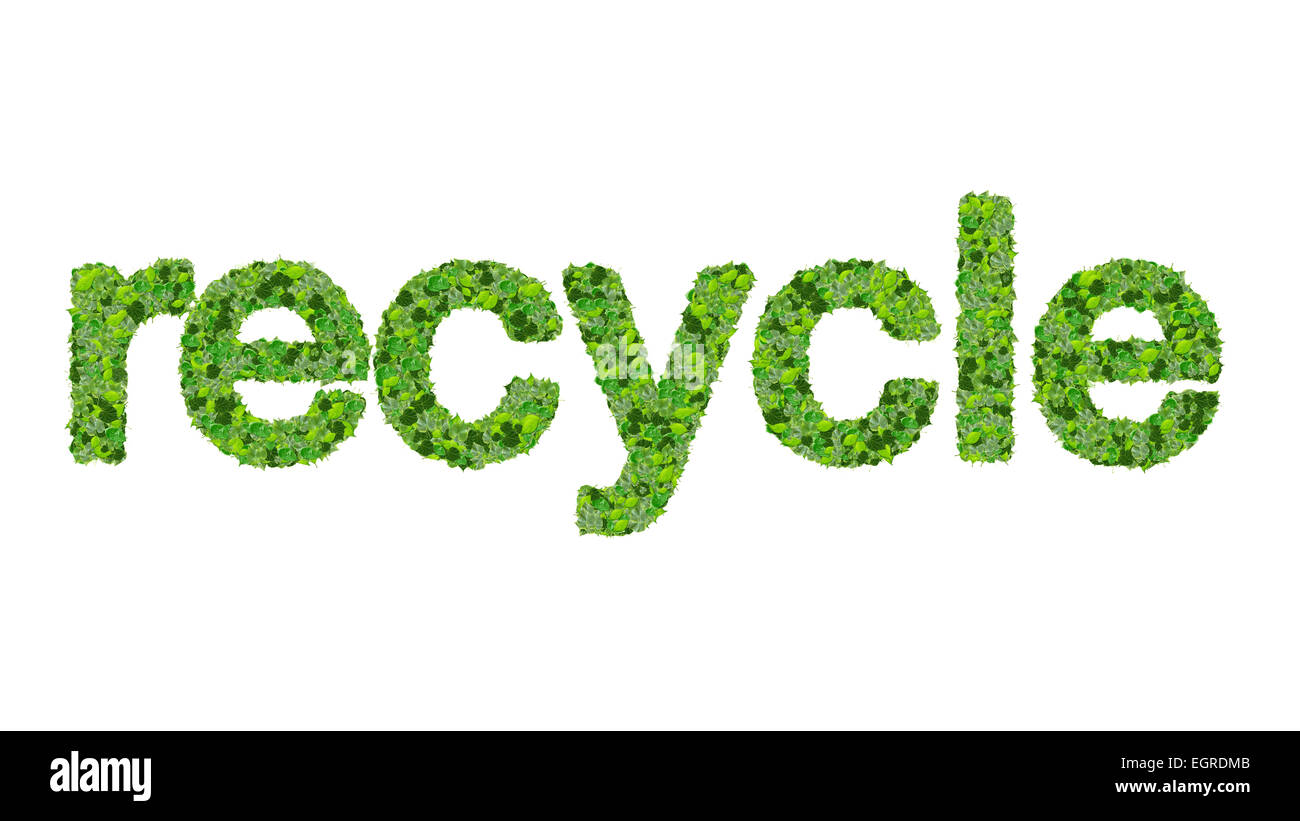 Word recycle made from green leaves isolated on white background Stock