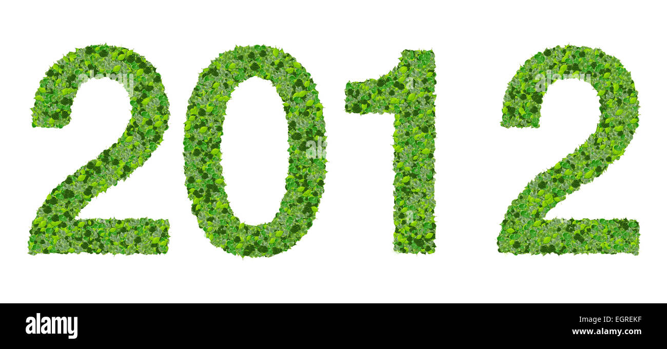 Year 2012, date made from green leaves isolated on white background ...