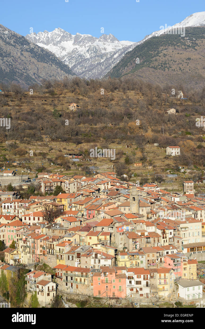AERIAL VIEW. Perched medieval village dominated by Mount Grand Capelet (elevation: 2935m). Belvédère, Vésubie Valley, Alpes-Maritimes, France. Stock Photo