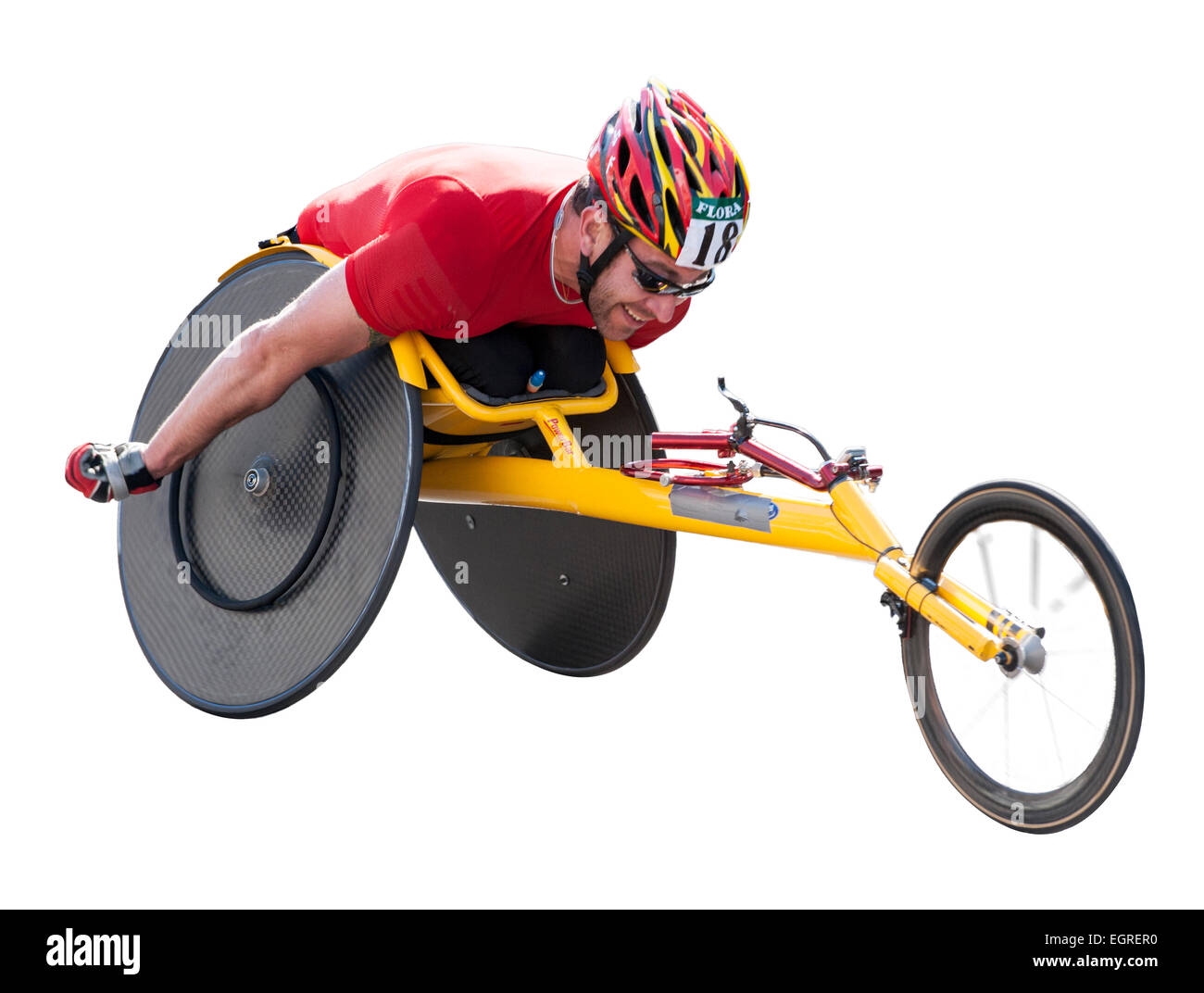Disabled athlete taking part in the London marathon wheelchair race on a white background Stock Photo