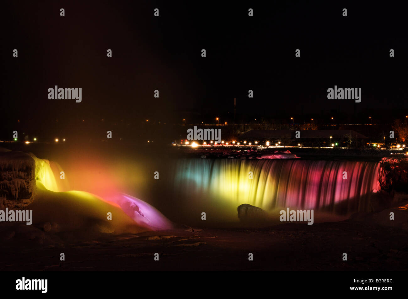 The Horseshoe Falls lit up at night in Niagara Falls, Ontario, Canada