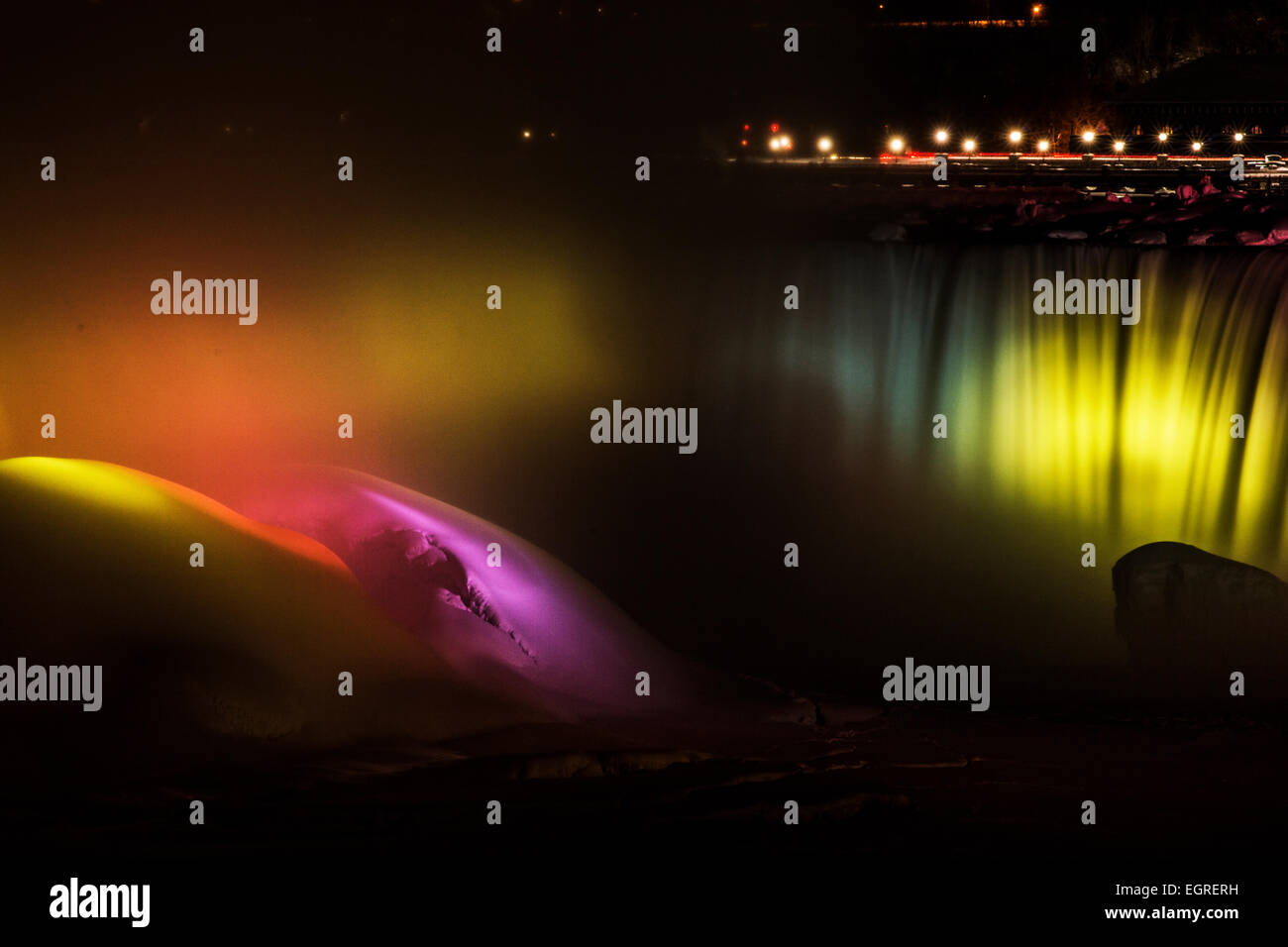 Lights on the Horseshoe Falls in Niagara Falls, Ontario, part of the