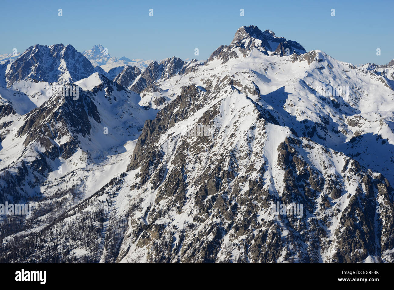 AERIAL VIEW. Monte Argentera; highest summit (elevation: 3297 meters) in the coastal Alps. Entracque, Province of Cuneo, Piedmont, Italy. Stock Photo