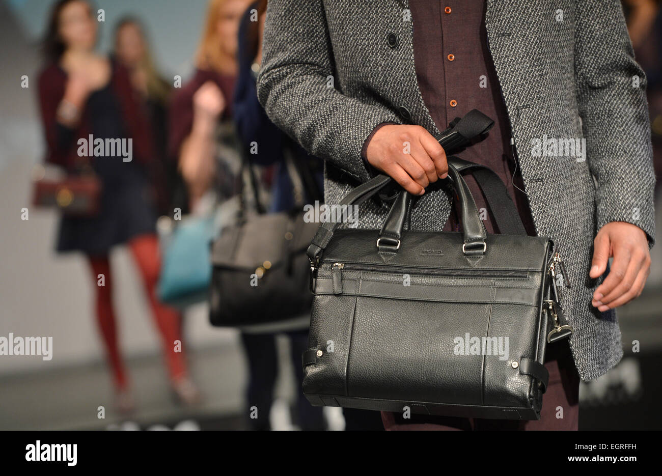 Offenbach, Germany. 27th Feb, 2015. A model presents a man's bag from  Picard for the fall/winter 2015/16 season at the ILM Winter Styles Trend  Show in Offenbach, Germany, 27 February 2015. Until