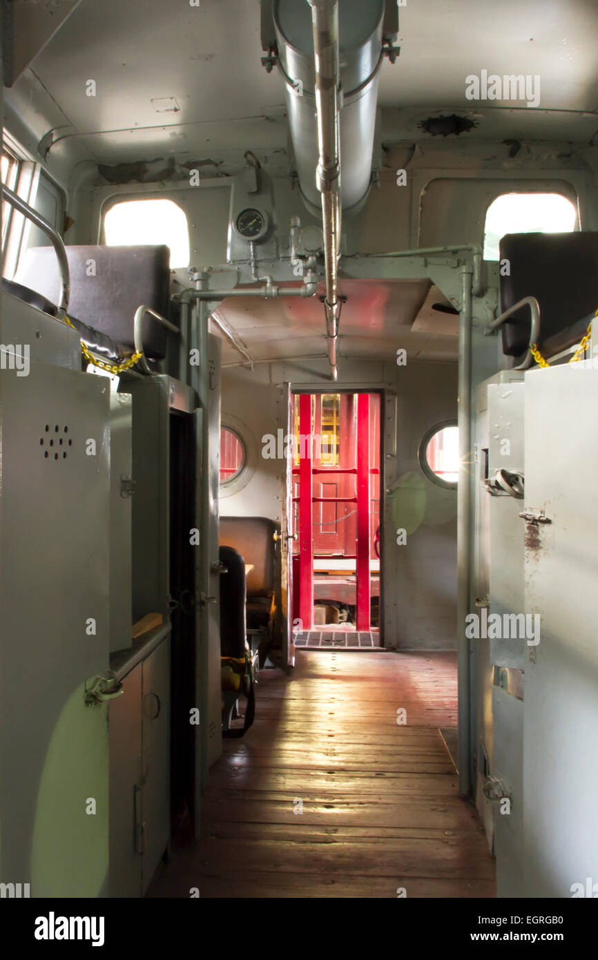 Inside view of an antique caboose used by brakemen on trains Stock