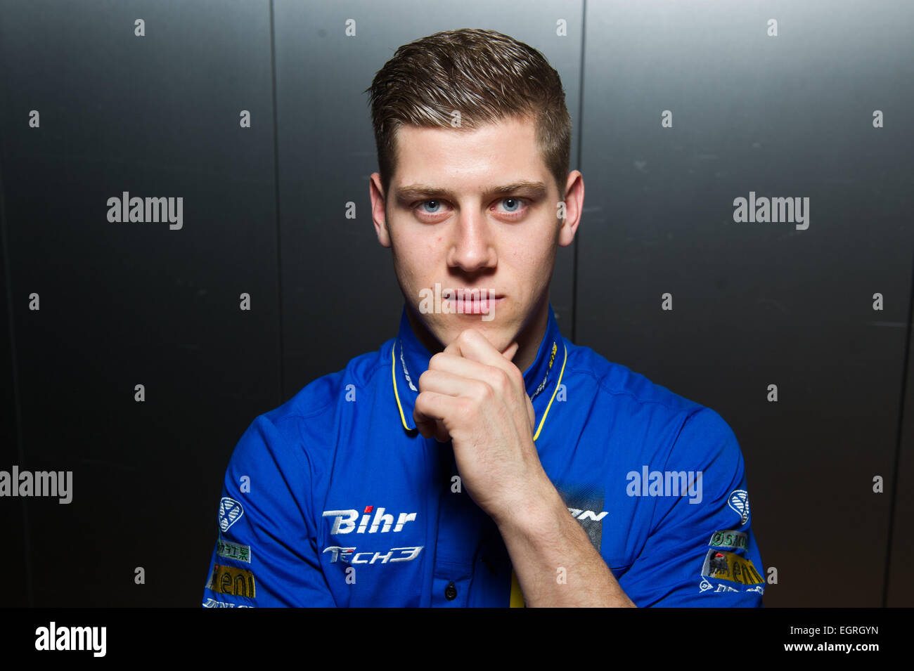 Munich, Germany. 25th Feb, 2015. German moto2 motorcyclist Marcel Schroetter of Team Tech3 poses during a press event in Munich, Germany, 25 February 2015. Photo: Tobias Hase/dpa/Alamy Live News Stock Photo