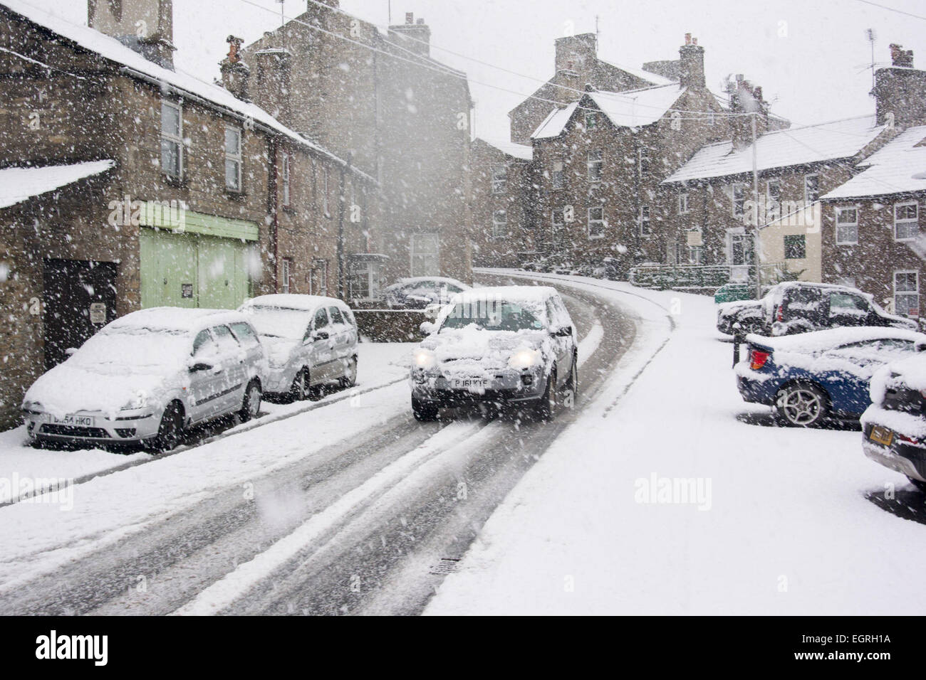 Hawes, North Yorkshire, UK 1st March 2015. Heavy snow hit the