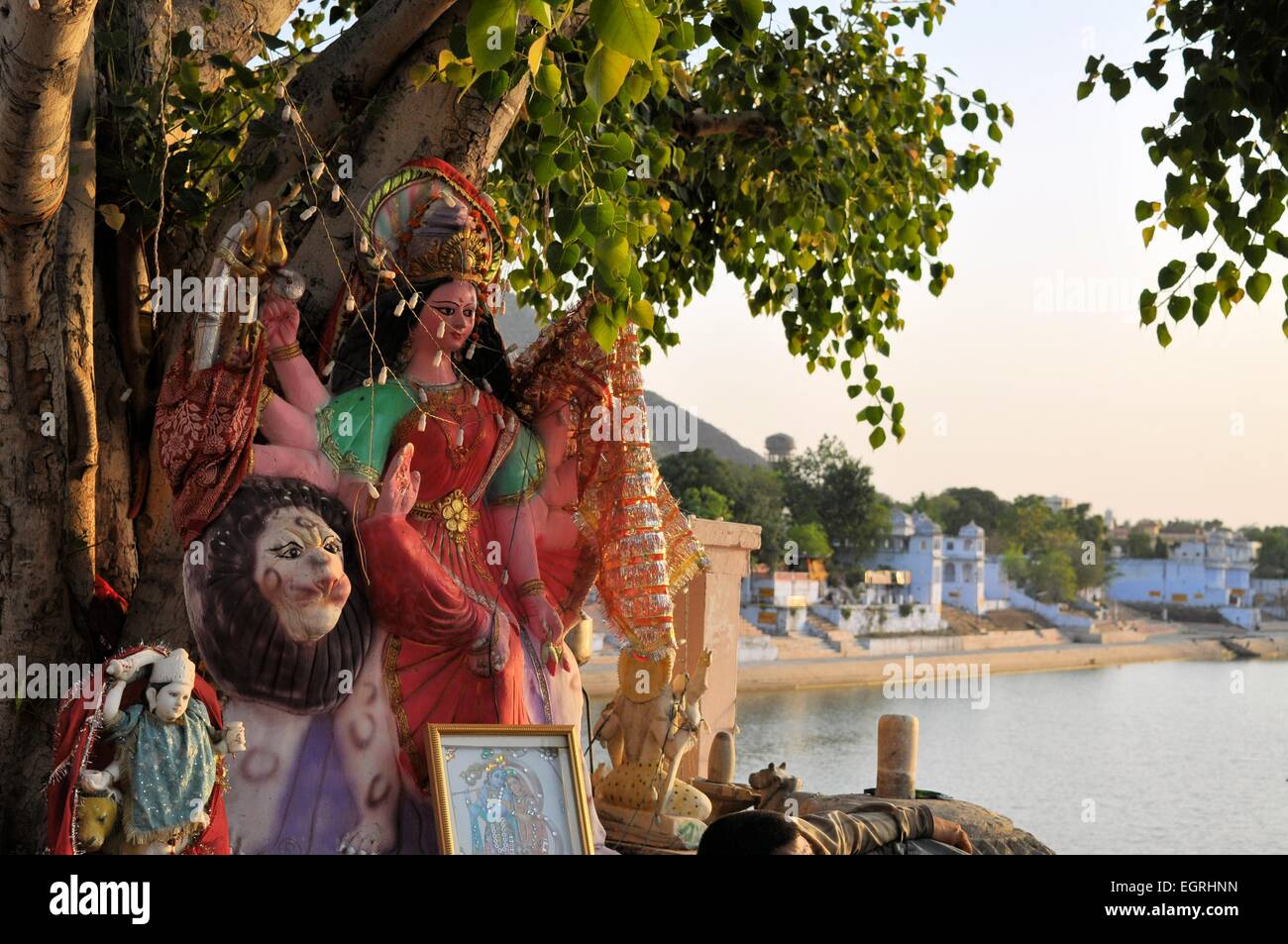 Durga shrine at ghats in Pushkar, India Stock Photo