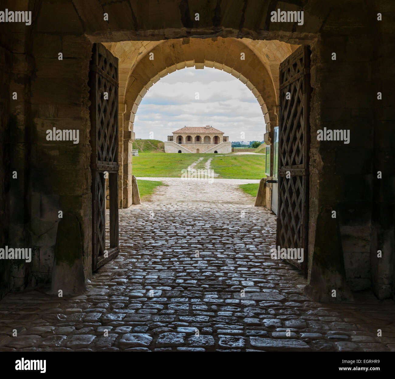 The entrance with two great iron doors of the fortress Cussac-Fort-Medoc, UNESCO world heritage site. Stock Photo