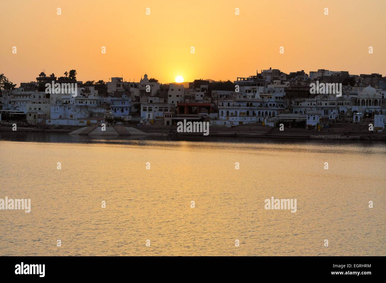 Ghats at lake in holy city of Pushkar, India Stock Photo