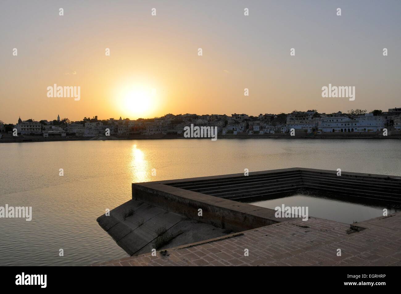 Ghats at lake in holy city of Pushkar, India Stock Photo