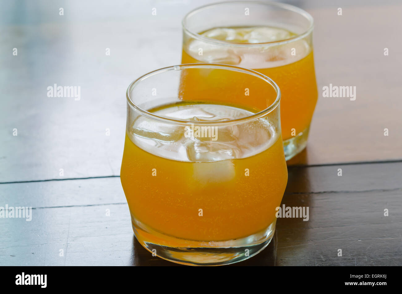 close up of orange juice with ice Stock Photo