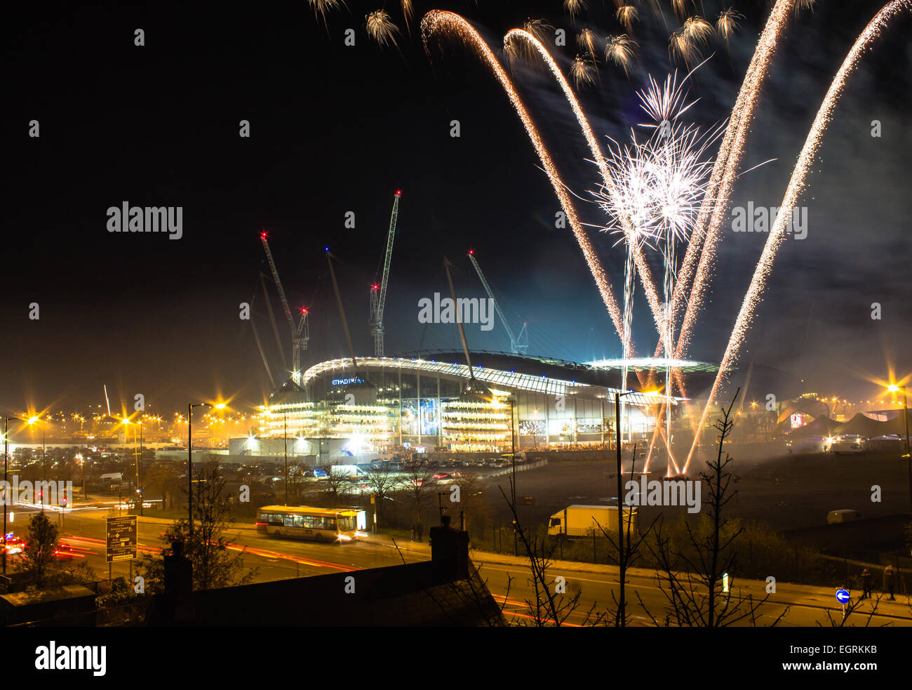 Etihad Stadium and fireworks before Bonfire Night Champions League match, Manchester City v. CSKA Moscow Stock Photo