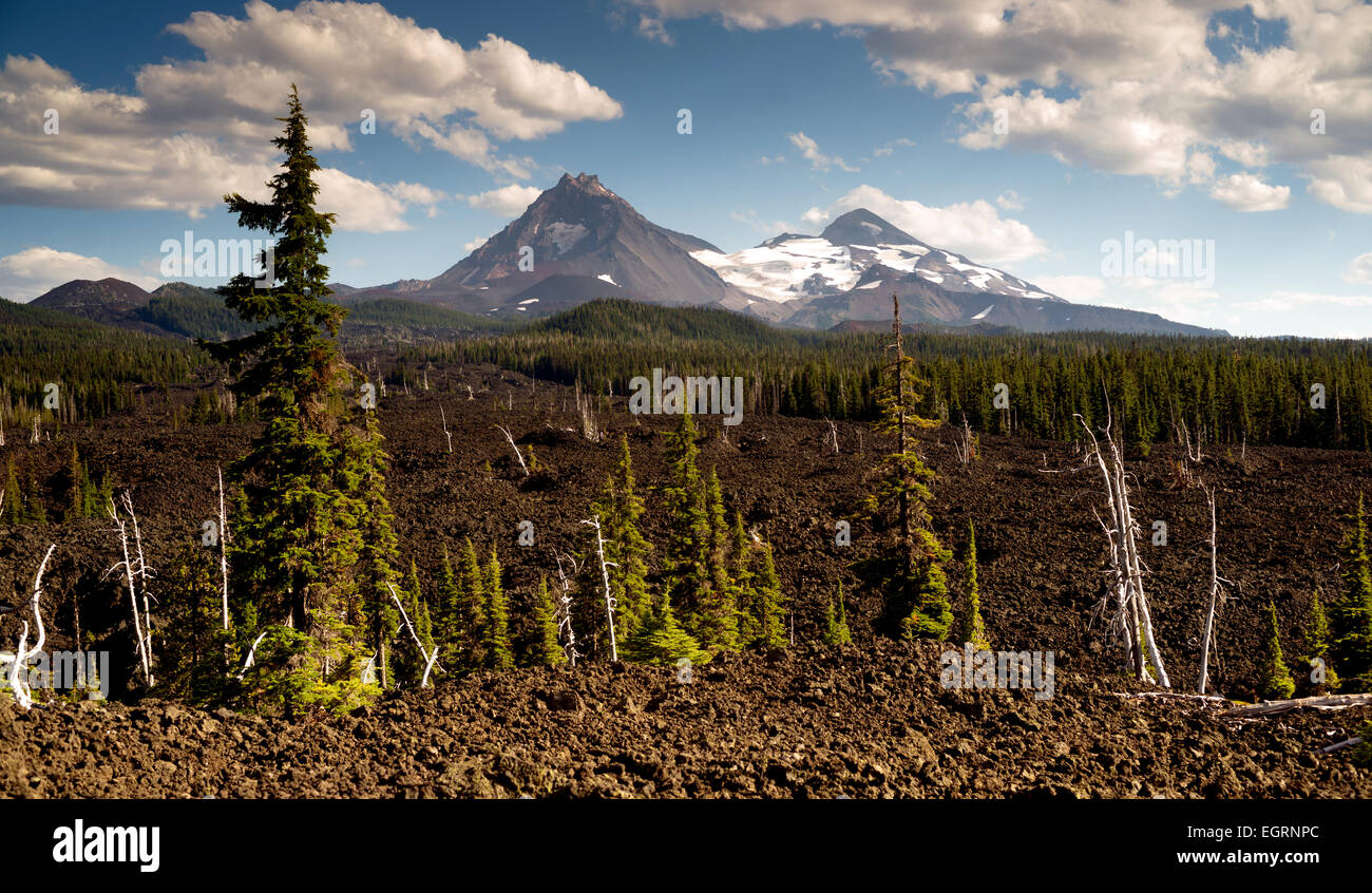 Mckenzie Pass Three Sisters Cascade Mountain Range Lava Field Stock Photo