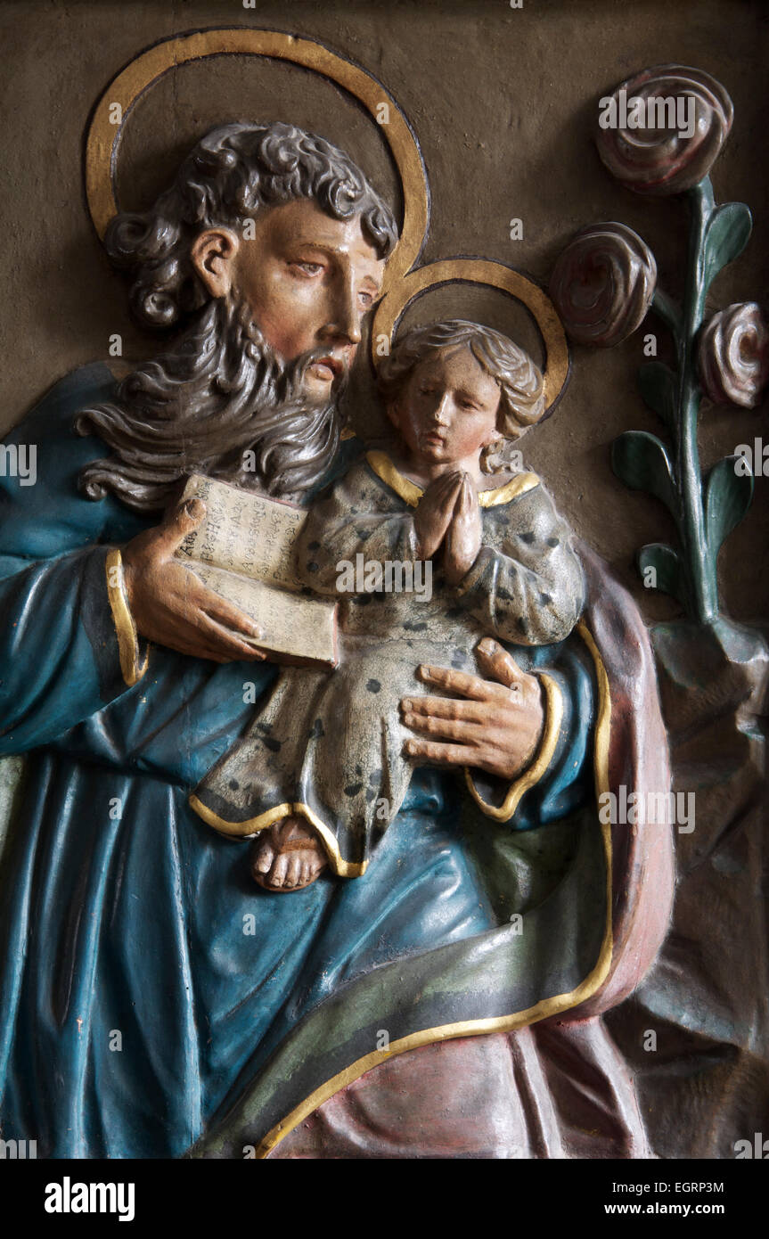 Bible stories. Old Austrian wood carving of St Joseph teaching the
