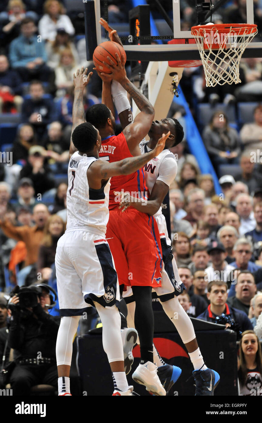 Hartford, Connecticut, UK. 1st March, 2015. Amida Brima(35) of Uconn and Markus Kennedy(5) of SMU in action during the NCAA Basketball game between the Connecticut Huskies and the SMU Mustangs at The XL Center in Hartford, CT. Credit:  Cal Sport Media/Alamy Live News Stock Photo