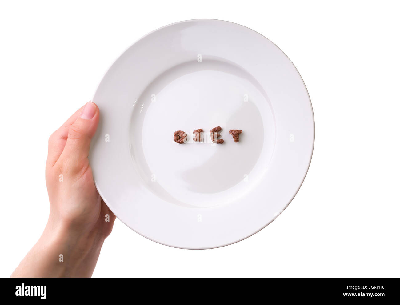 Hand Holding Empty Plate with Diet Message Stock Photo