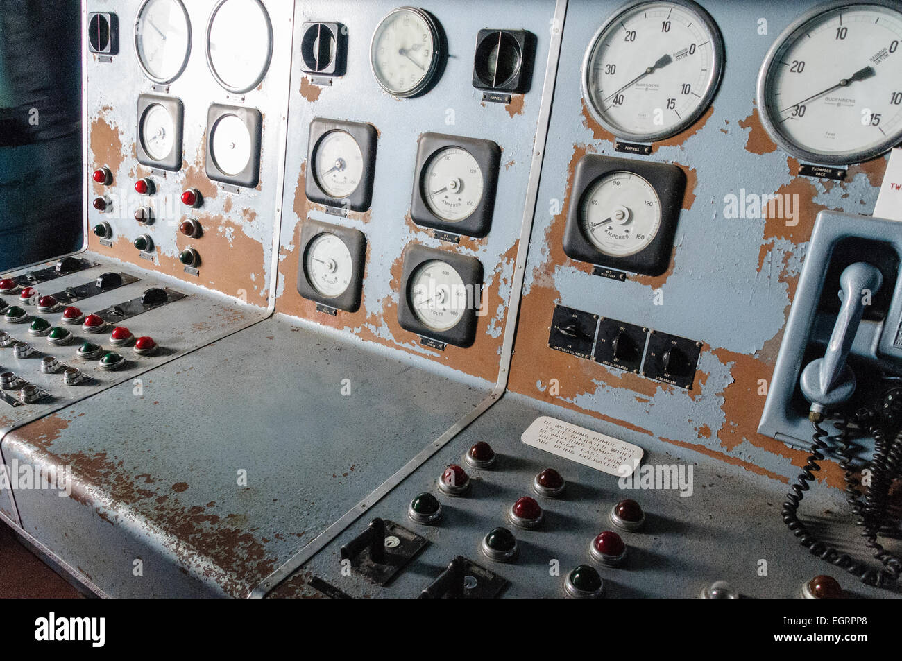 Old electrical control panel for pumps at the Thompson Pumphouse, Belfast Stock Photo
