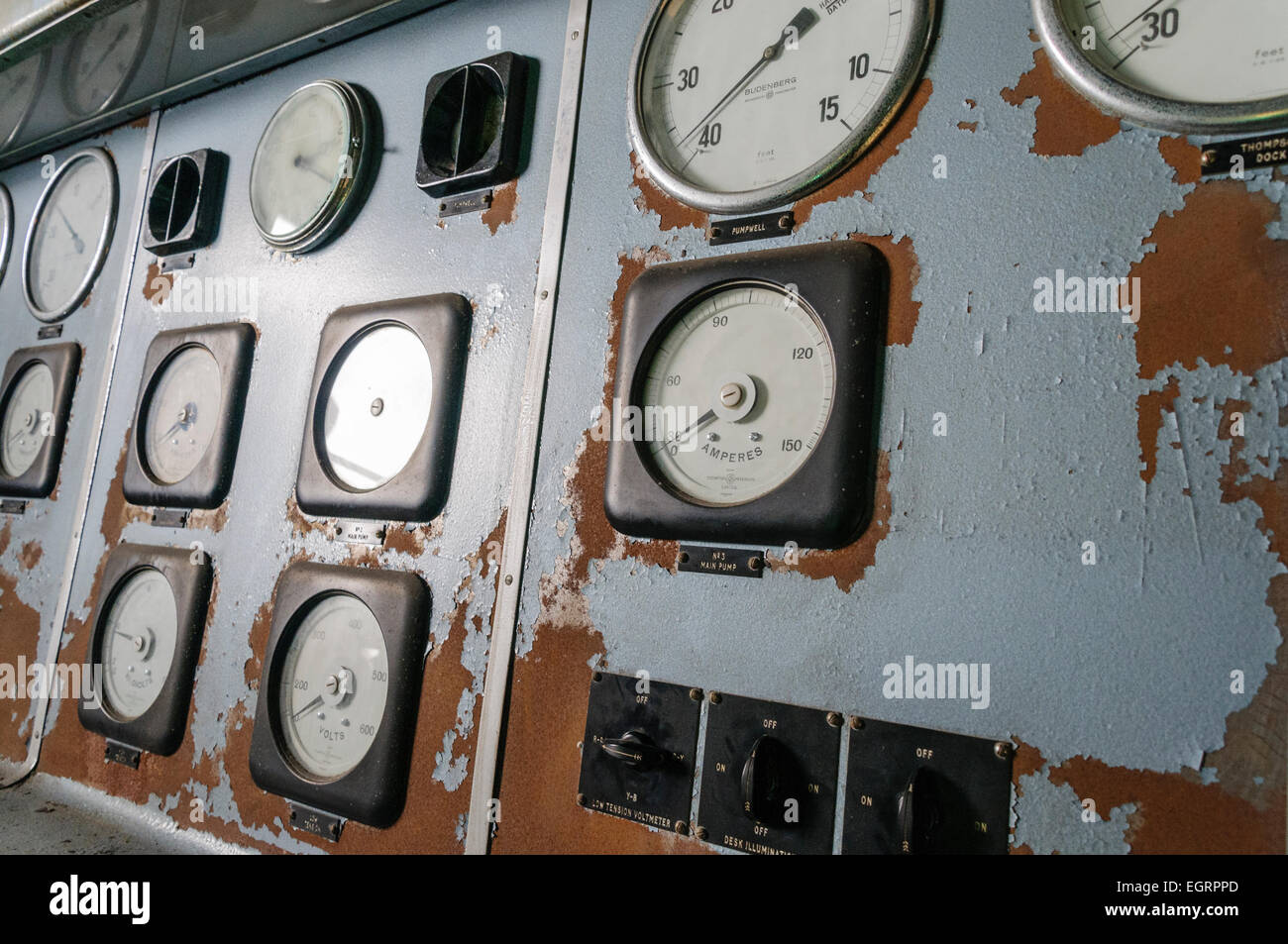 Old electrical control panel for pumps at the Thompson Pumphouse, Belfast Stock Photo