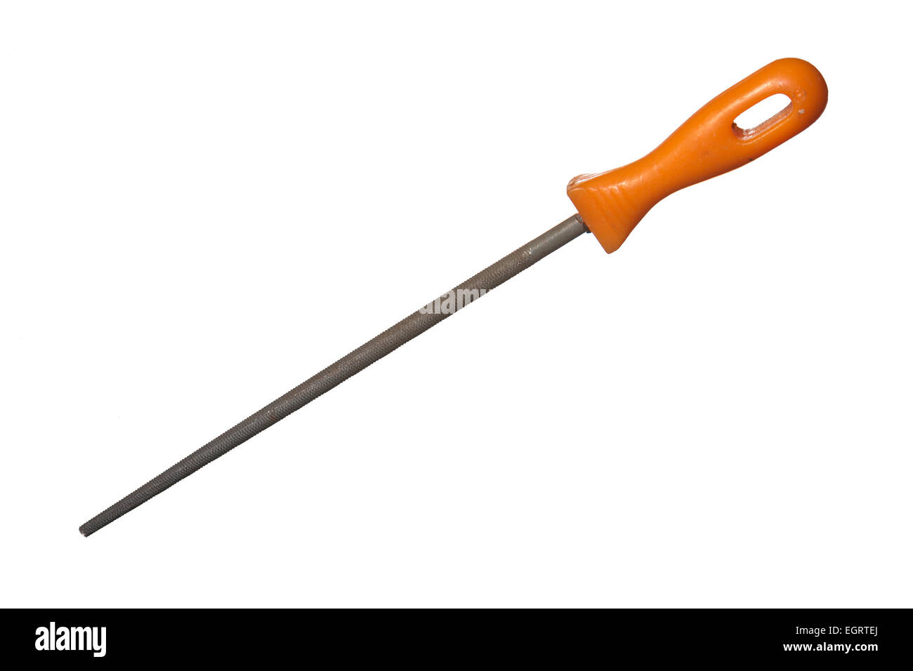 engineers steel round file tool with orange plastic handle isolated on white background suitable for cutout Stock Photo