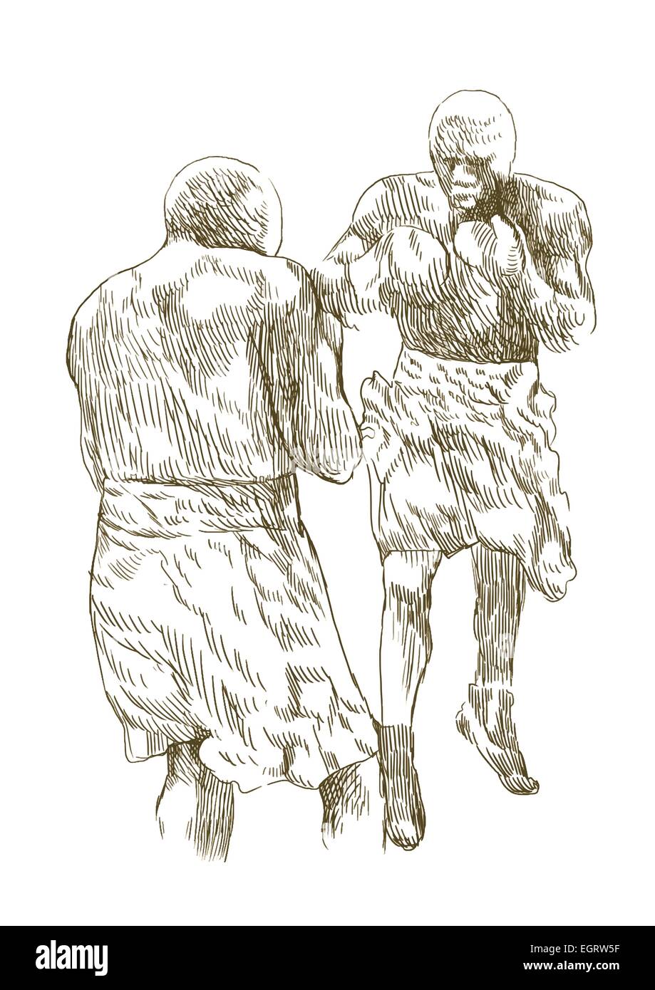 boxing match an hand drawn illustration in vintage style (line art