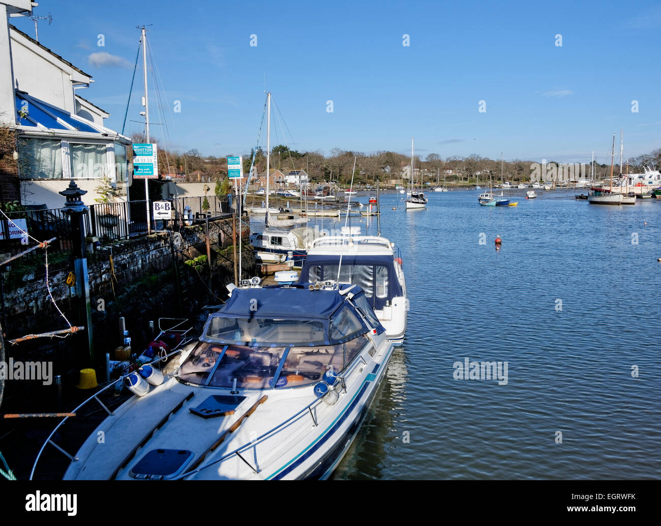 Wootton Bridge, Wight, UK, joins Wootton and Wootton Common, is a 19th century ferry landing point where yachts are now moored. Stock Photo