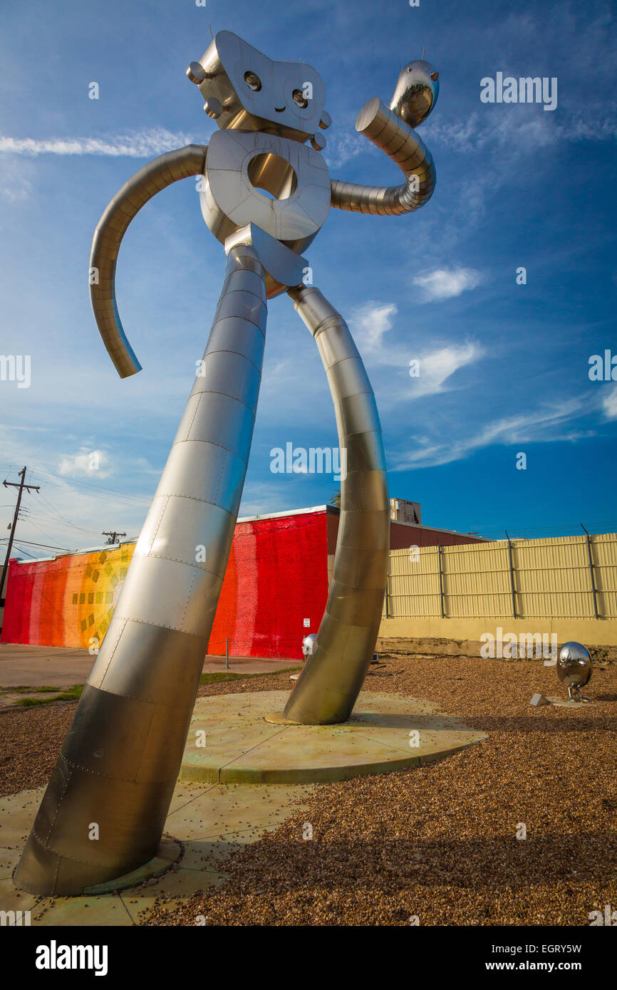 "Traveling Man" sculpture in the Deep Ellum area of Dallas, Texas. Stock Photo