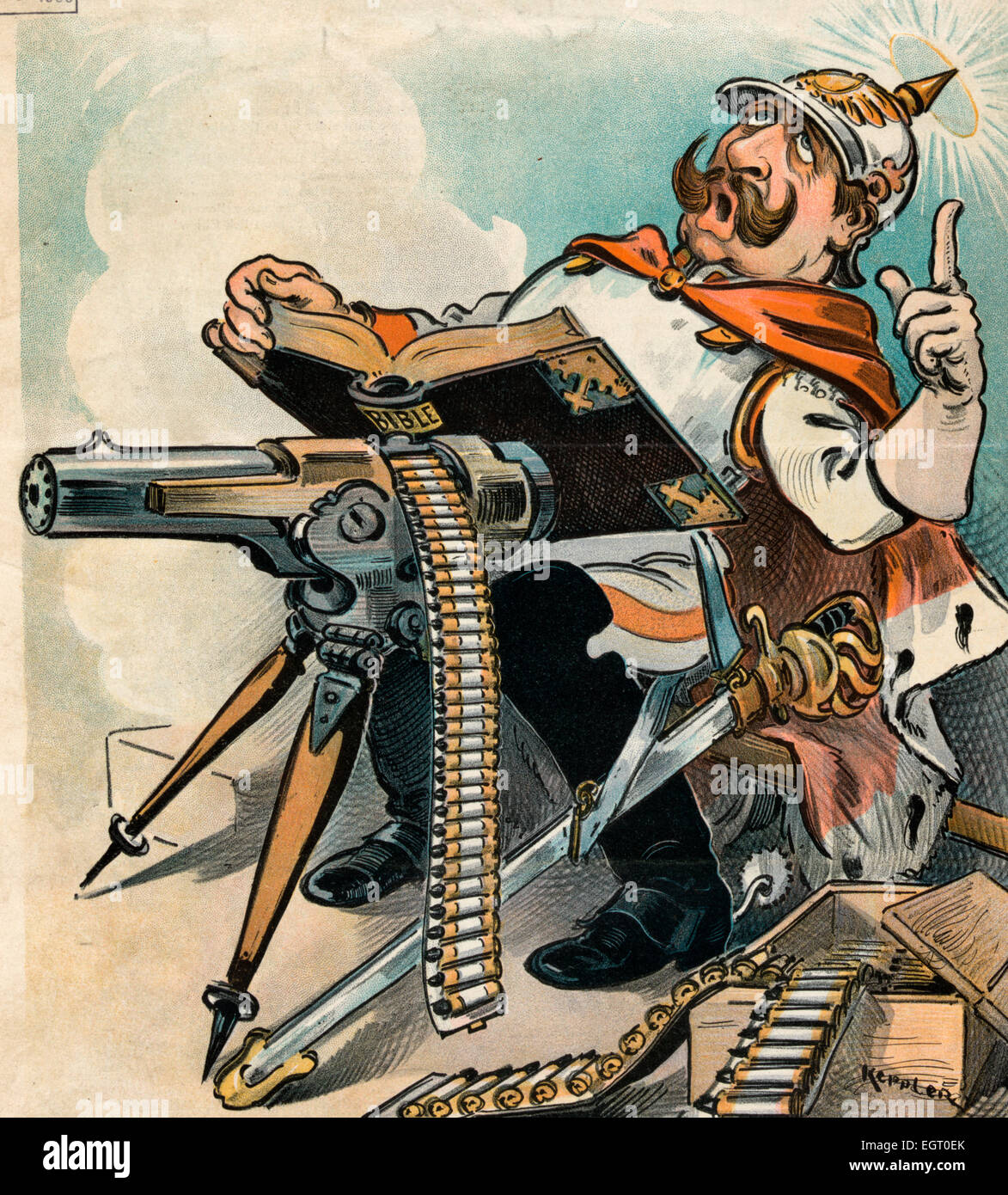 The Gospel according to St. William - Illustration shows William II, Emperor of Germany, with a Bible propped up on a gatling gun, reading aloud from the gospels; there is a box of ammunition at his feet. Political cartoon, 1900 Stock Photo