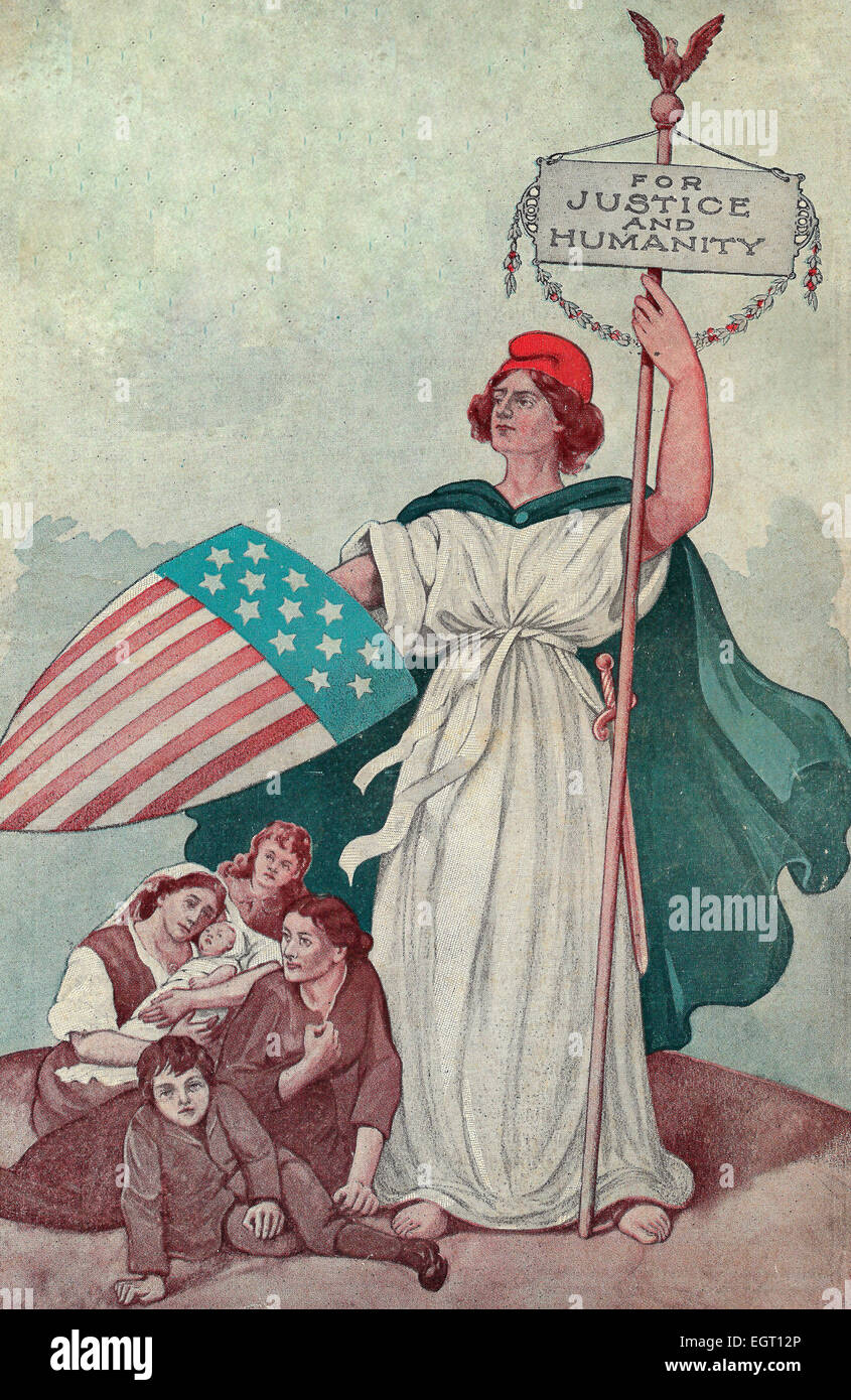 Columbia sheltering refugees with an American flag shield, For Justice and Humanity, circa 1915 Stock Photo