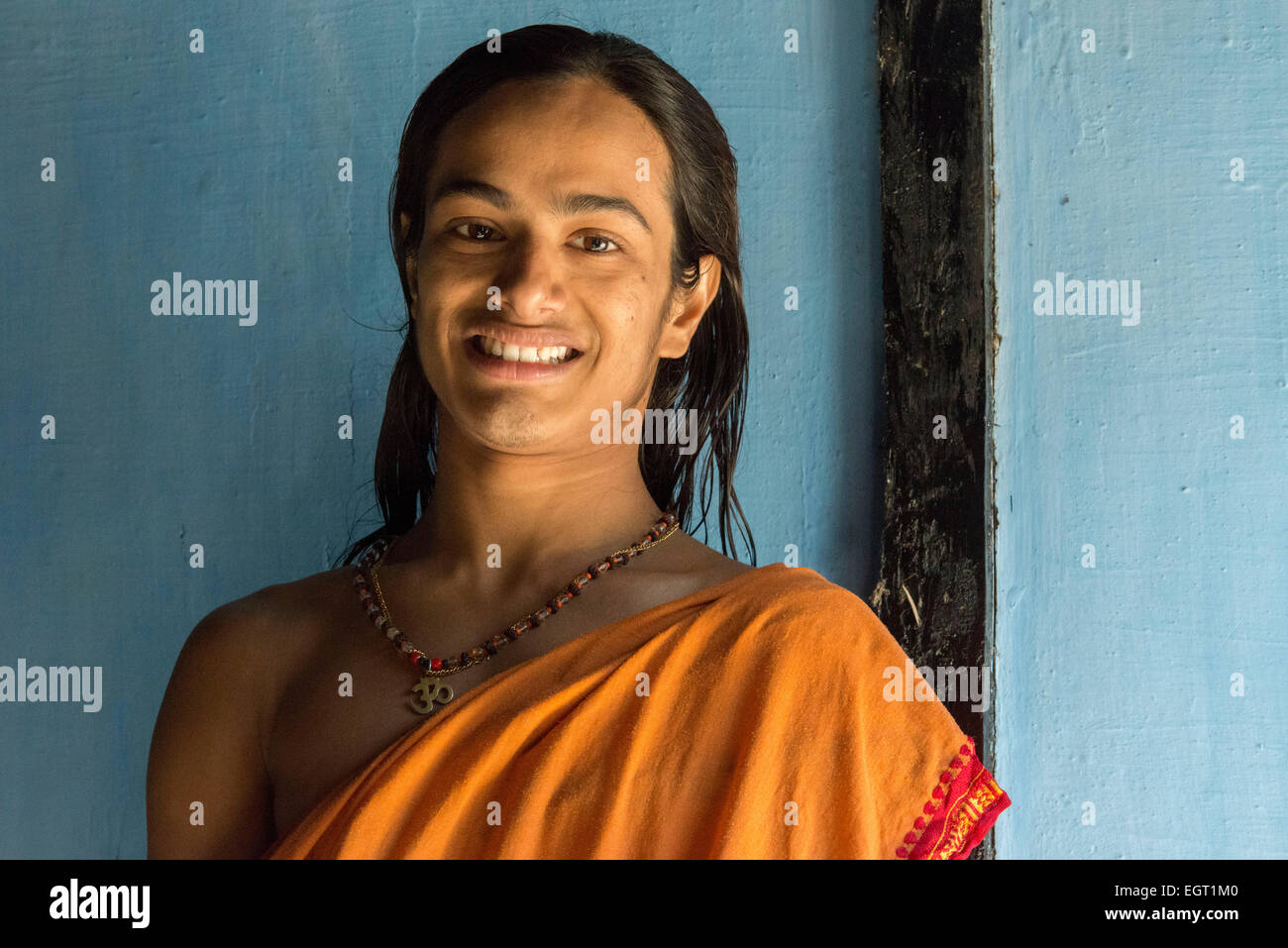 Monk After The Shower, Uttar Kamalabari Satra, Majuli Island Stock Photo