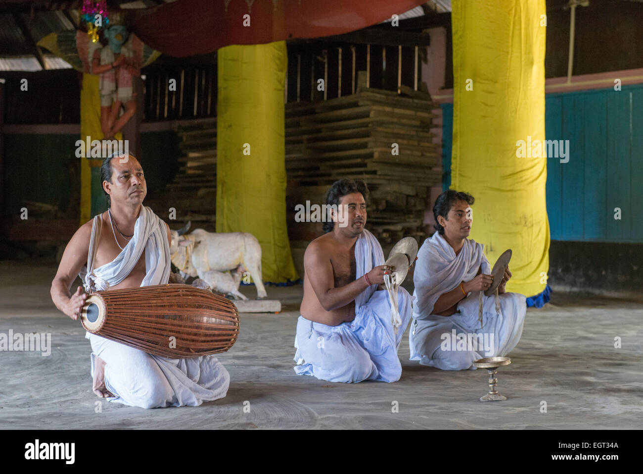 Monks Playing Music, Dakikhim Pat Satra, Majuli Island Stock Photo