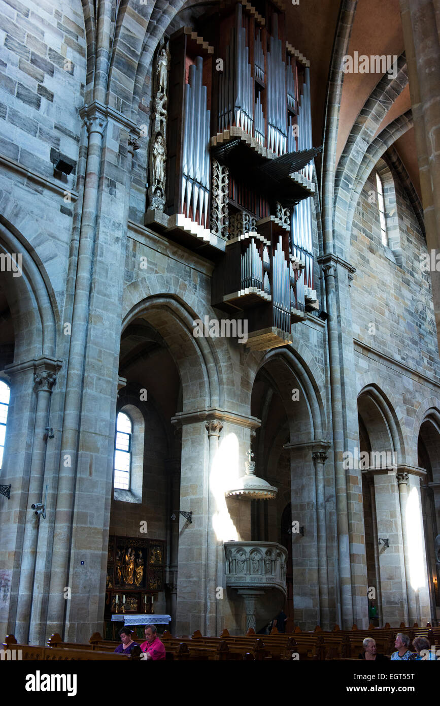 Interior of the Bamberg Cathedral showing the pipes of the organ. Stock Photo