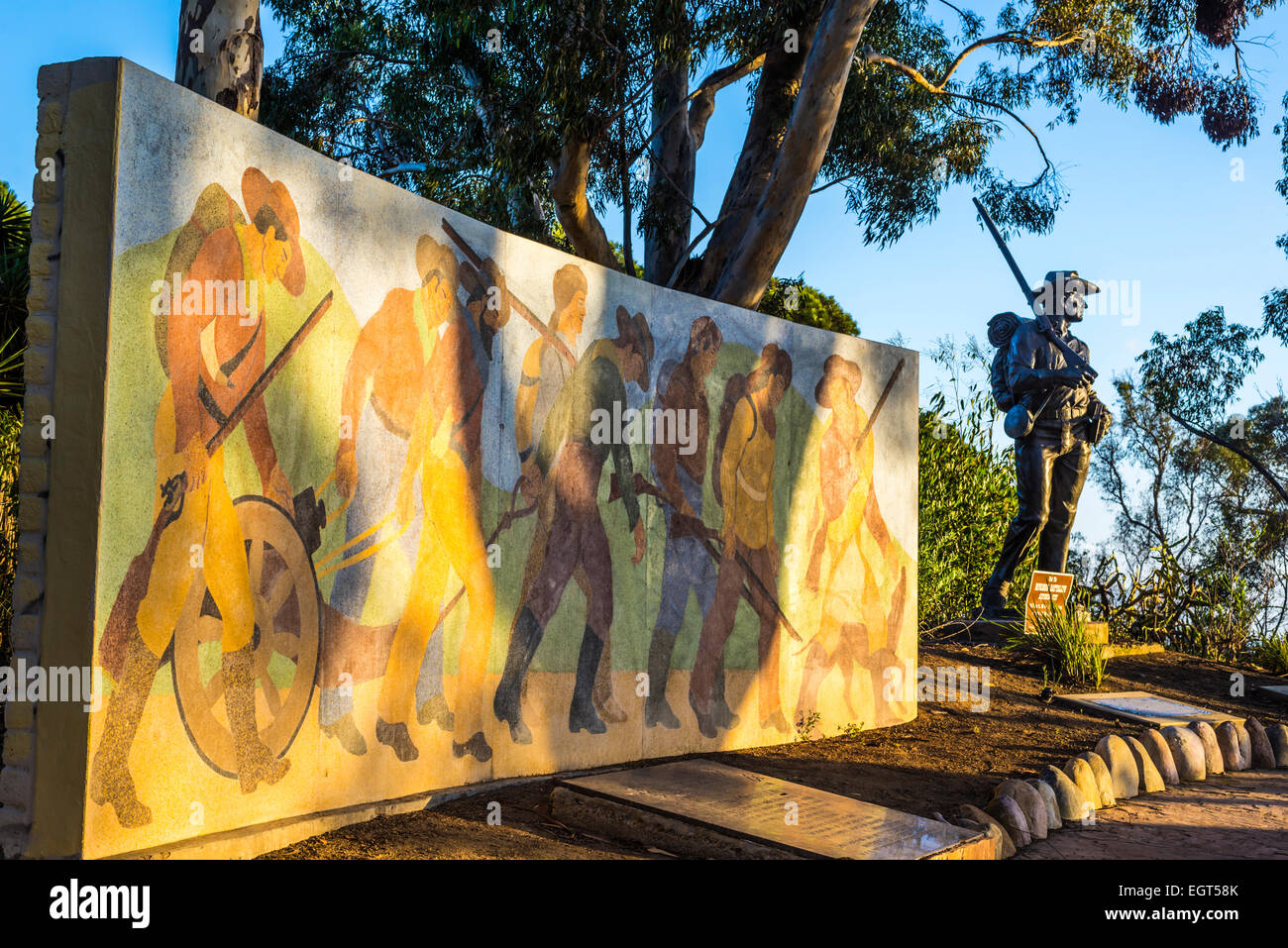 'The Grand March' mural located atop Presidio Hill. Presidio Park, San Diego, California, United States. Stock Photo