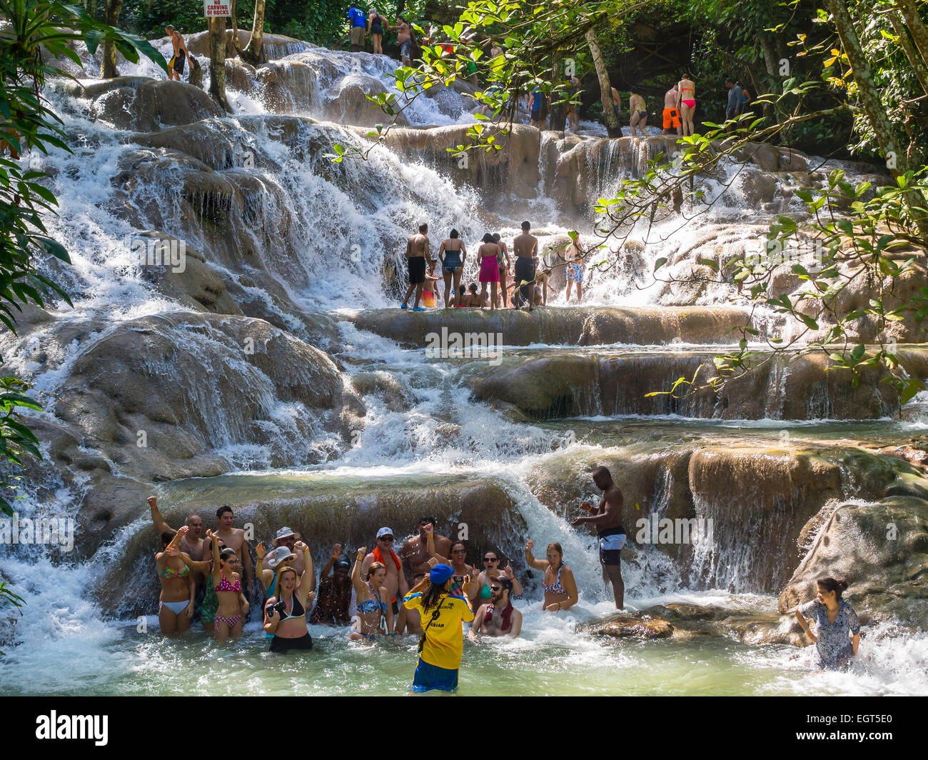 Tourists bathing and climbing the Dunn's River Falls, Ocho Rios, Saint
