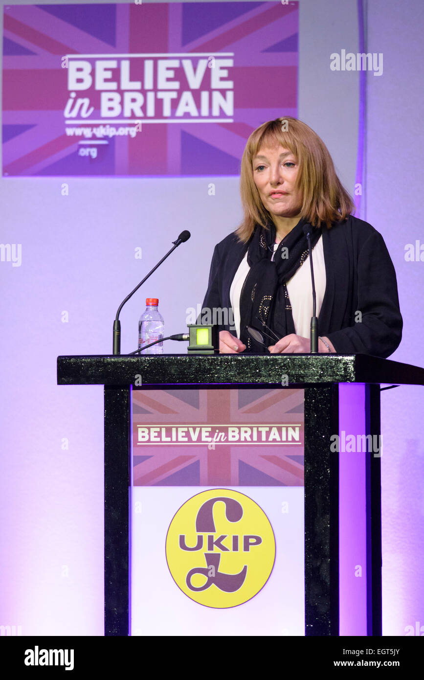 UKIP SPRING CONFERENCE on 28/02/2015 at Winter Gardens, Margate. Kellie Maloney addresses the conference of the problems faced by 'trans' people. Picture by Julie Edwards Stock Photo