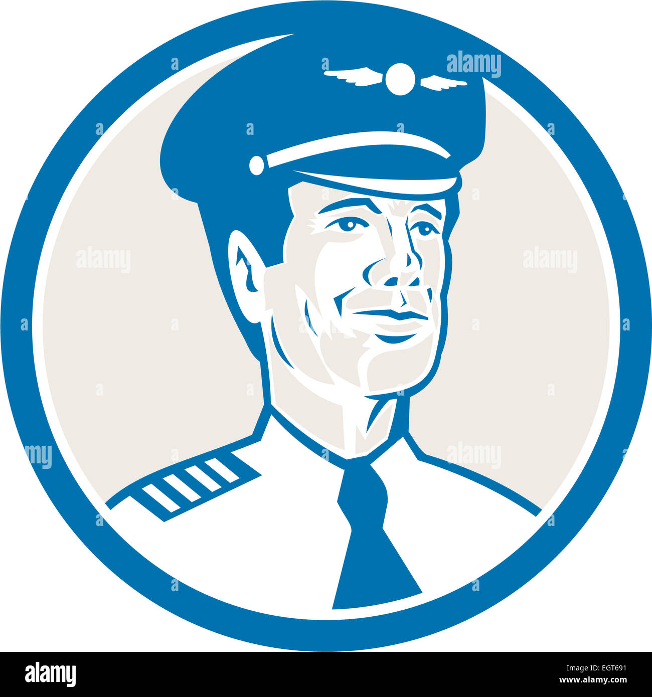 Illustration of an flight engineer, navigator , airline aircraft pilot or aeronautical aviator looking to front set inside circle on isolated background with done in retro style. Stock Photo