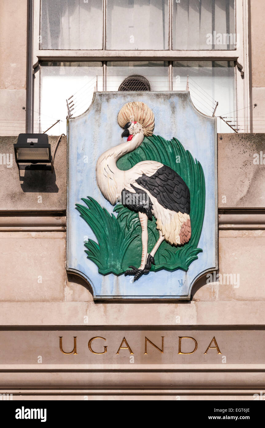 The Ugandan national bird, the grey crowned crane, on the Ugandan High Commission in Trafalgar Square. Stock Photo